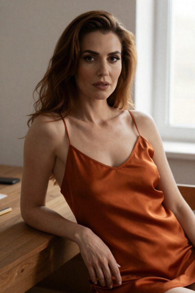 Gallery image from ProAiPron: the chestnut-haired muse in the rust silk camisole, the worktable
